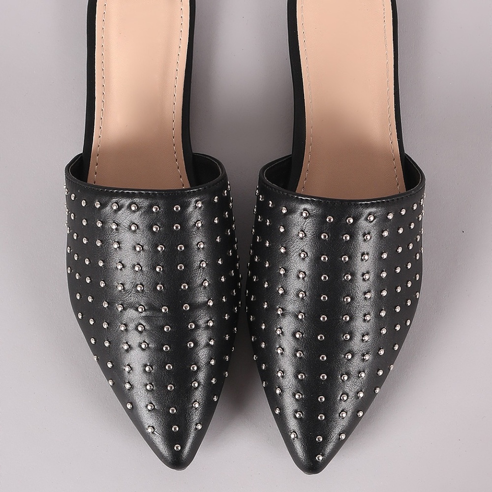 Studded Vegan Leather Pointy Toe Mule Flats Black - Picture 4 of 5